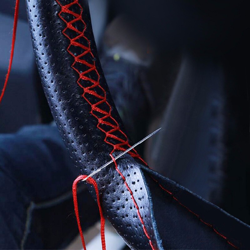 42-50cm Genuine Leather Truck SUV Bus Steering Wheel Cover With Needle and Thread Universal Braid DIY Car Styling Black