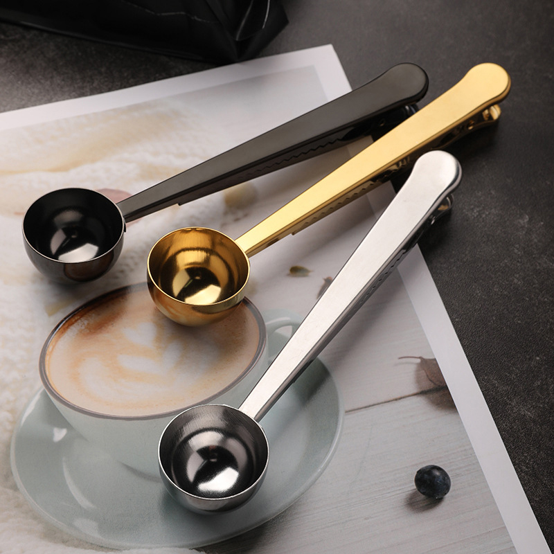 Two-in-one Multifunction Coffee Spoon Stainless Steel Kitchen Supplies Scoop With Bag Seal Clip Coffee Measuring Spoon
