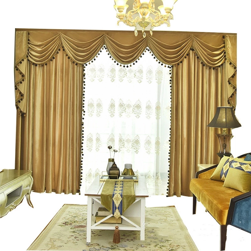 European Royal Velvet Valance Curtains for Living Room Bedroom Luxury Pompom Pelmet Canopy Window Curtain Customized