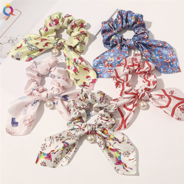 2020 New Silk Bow Hair Scrunchies Pearl Elastic Hair Bands Ponytail Holder Hair Rope Ties Rubber Bands Hair Accessories Headwear