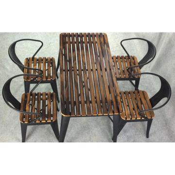 Outdoor desk and chair set. Iron art anticorrosive square furniture. Courtyard 5 pieces. Real wooden table chair