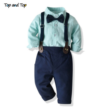 Top and Top Fashion Children Boys Clothing Set Striped Bowtie Shirts+Suspender Pants Gentleman 2Pcs Suits Kids Boys Clothes