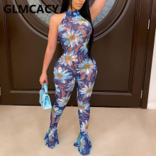 Women Halter Floral Printed Backless Bodycon Jumpsuit Wide Leg Sexy & Club Skinny Overall