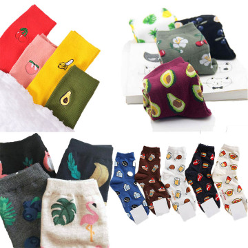 Korean Fresh Harajuku Fruits Socks Women Funny Animal Flamingos Lemon Pineapple Cherry Blueberry Gardenias Calcetines Mujer