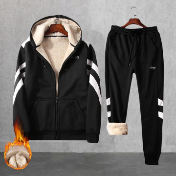 Letter Print Men Tracksuit Winter Thick Casual Zipper Sportswear Mens Hooded Sets Jackets+pants Fleece stripe Sports Suit male