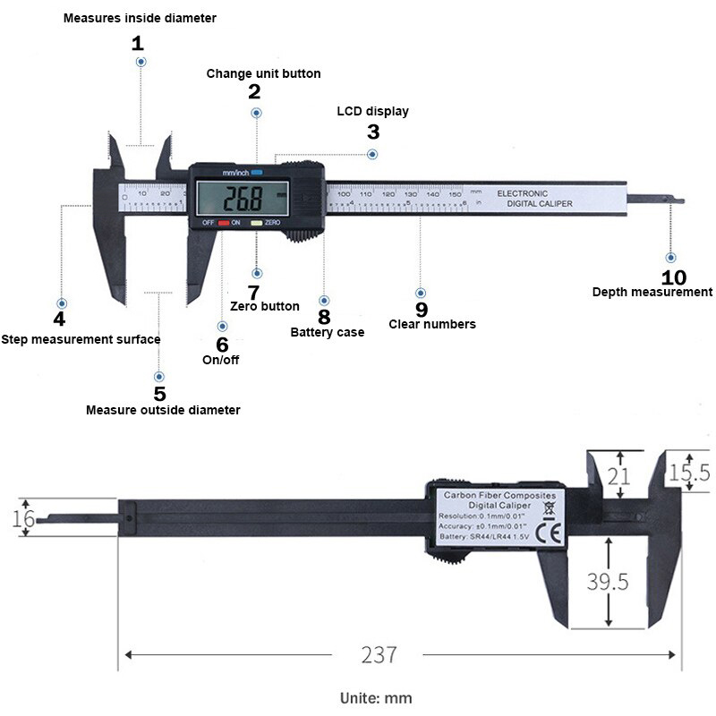 Vernier Caliper 0-150mm 6 inch Measuring Tool Plastic LCD Digital Electronic Carbon Fiber Ruler Gauge Micrometer by PROSTORMER