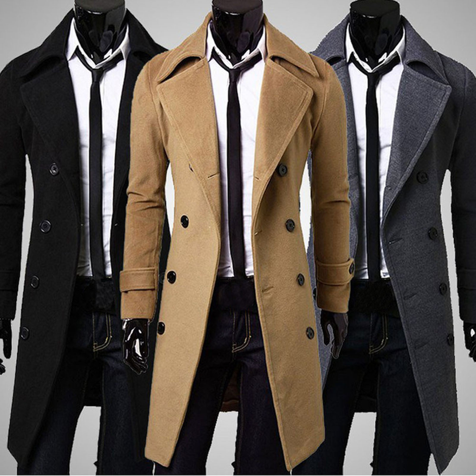 Winter Men Slim Stylish Trench Coat Double Breasted Long Jacket Parka Casual long men's woolen fleece warm windbreaker jacket