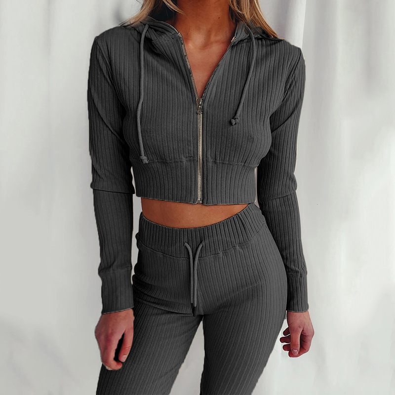 Ribbed Knitted Women 's Set Long Sleeve Hoodie Sweatshirt Pencil Pants Suit Active Tracksuit Two Piece Set Fitness Outfits 2020