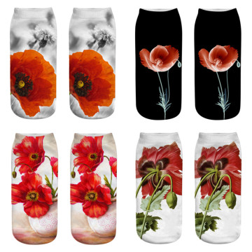 Fashion Poppy Flower Socks Harajuku 3D Print Women Socks Female Brand Low Cut Ankle Socks Funny Art Hosiery Elegant Socks
