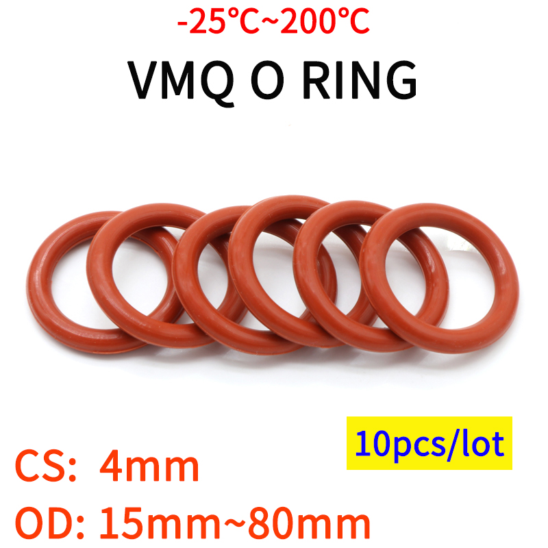 10pcs Red VMQ Silicone Ring Gasket CS 4mm OD 15 ~ 80mm Silicon O Ring Gasket Food Grade Rubber o-ring vmq assortment hvac tools