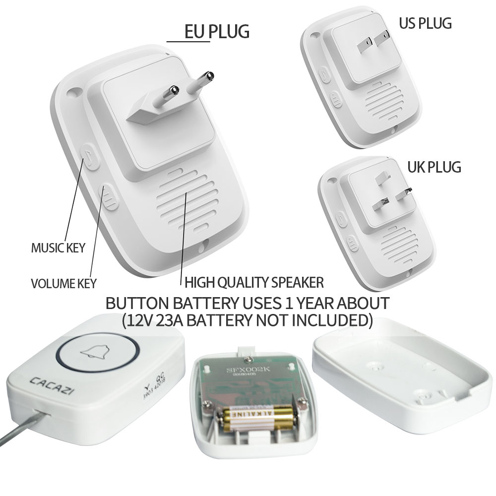 CACAZI Wireless Waterproof Doorbell US EU UK Plug 300M Range Home Intelligent White Door Bell Chime 1 2 Button 1 2 3 Receiver