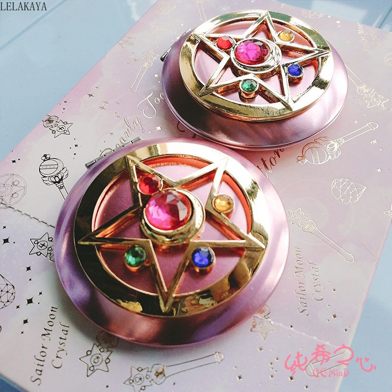 Anime Sailor Moon Moonlight Action Figure Folded Mirror Pink Metal Crystal Star Cosmetic Makeup Mirrors Cosplay Gifts toy New