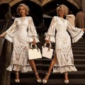 Vintage Dress Women Elegant White 2020 Women's Retro O-neck Flare Sleeve High Waist Embroidered Print Fringe Dress Vestidos#G7