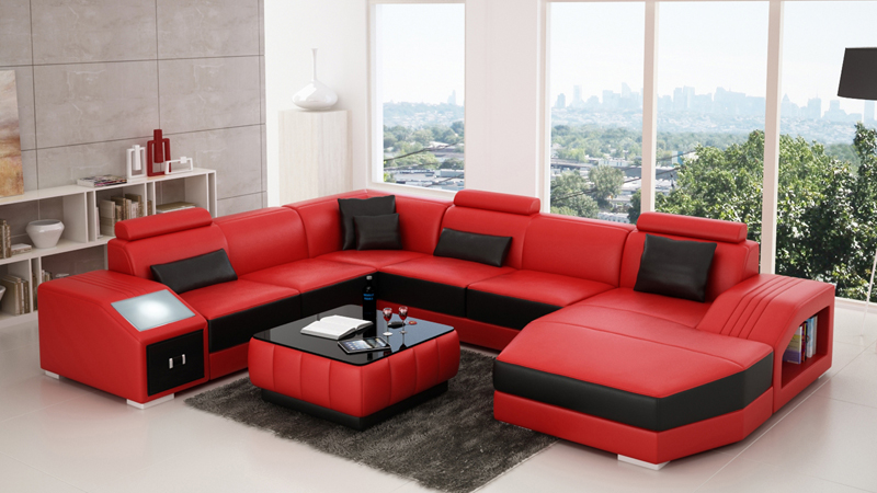 Factory luxury American style claret 1+2+3 adjustable headrest genuine leather seater L shape sofa set