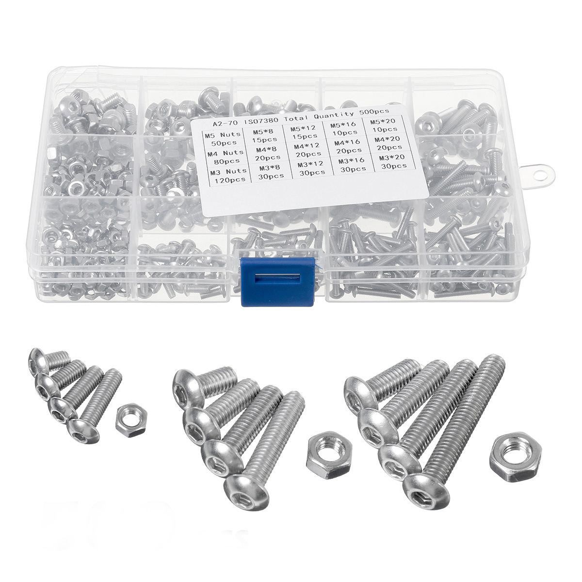 500/1080pcs M2 M3 M4 M5 Hex Socket Screw Set Carbon Steel Flat Round Cap Head Screws Bolts and Nuts Assortment Kit w/Storage Box