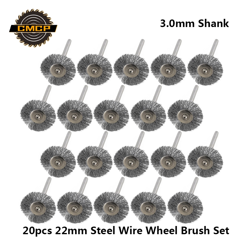 CMCP 20pcs 22mm Steel Wire Wheel Brush Set For Metal Polishing 3.0mm Shank Rotary Brush Dremel Rotary Tool Polishing Tool