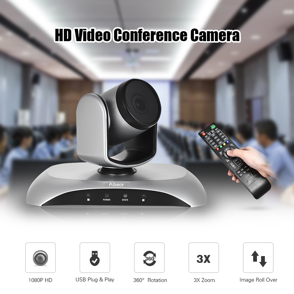 Aibecy 1080P HD Conference Camera USB 3X Zoom 360D Rotation Remote Control Power Adapter for Video Meetings Training Teaching