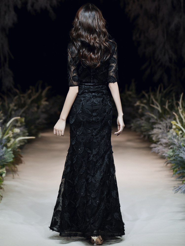 Women Black Elegant Evening Party Dress Exquisite Appliques Sequins Trim Banquet Gown Temperament Mermaid Prom Dresses XS-3XL