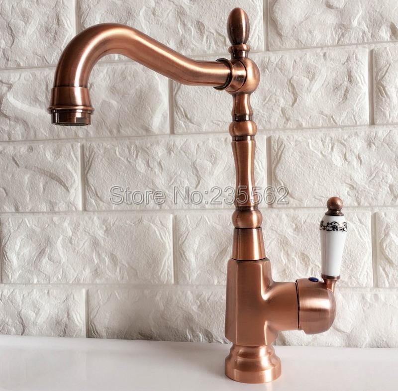 Antique Red Copper Kitchen Sink Faucet Washbasin Faucets Ceramic Lever Cold & Hot Water Mixer Bathroom Taps Deck Mounted lnf418
