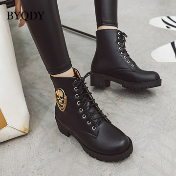 BYQDY Woman Ankle Boots Lace Up Platform Boots New Thick Heels Ladies Shoes Autumn Winter Skull Street Fur Round Toe Short Boot