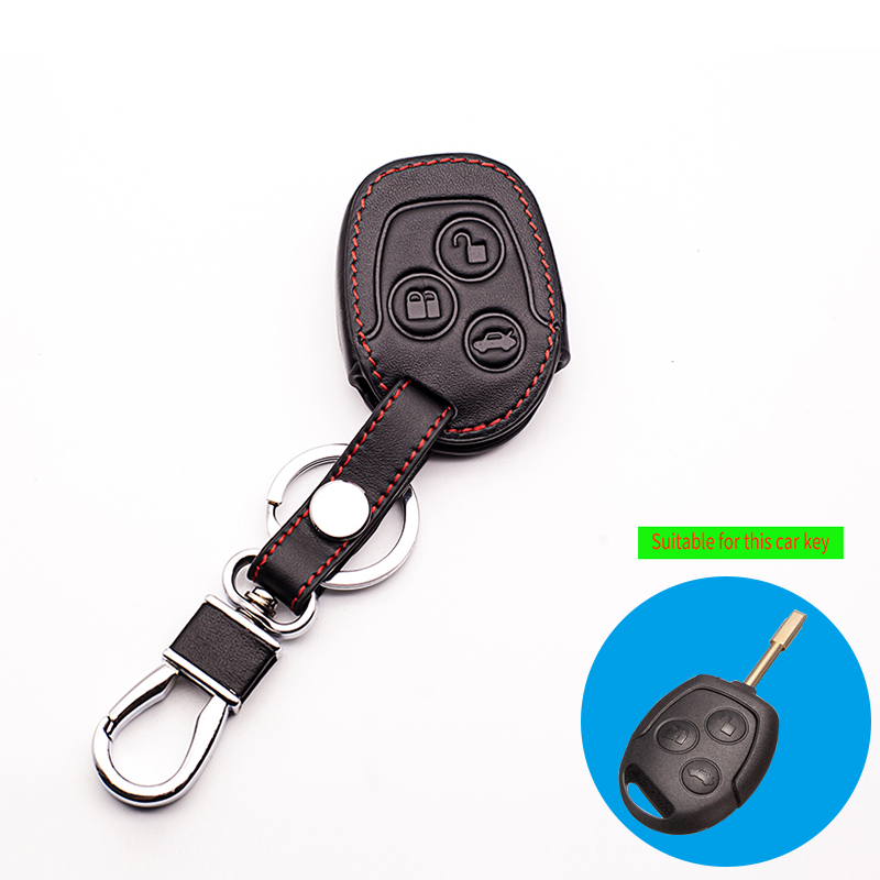 High Quality 100% leather key chain ring cover case holder for ford Mondeo Fiesta Focus C-Max remote holder,3 Buttons key shell