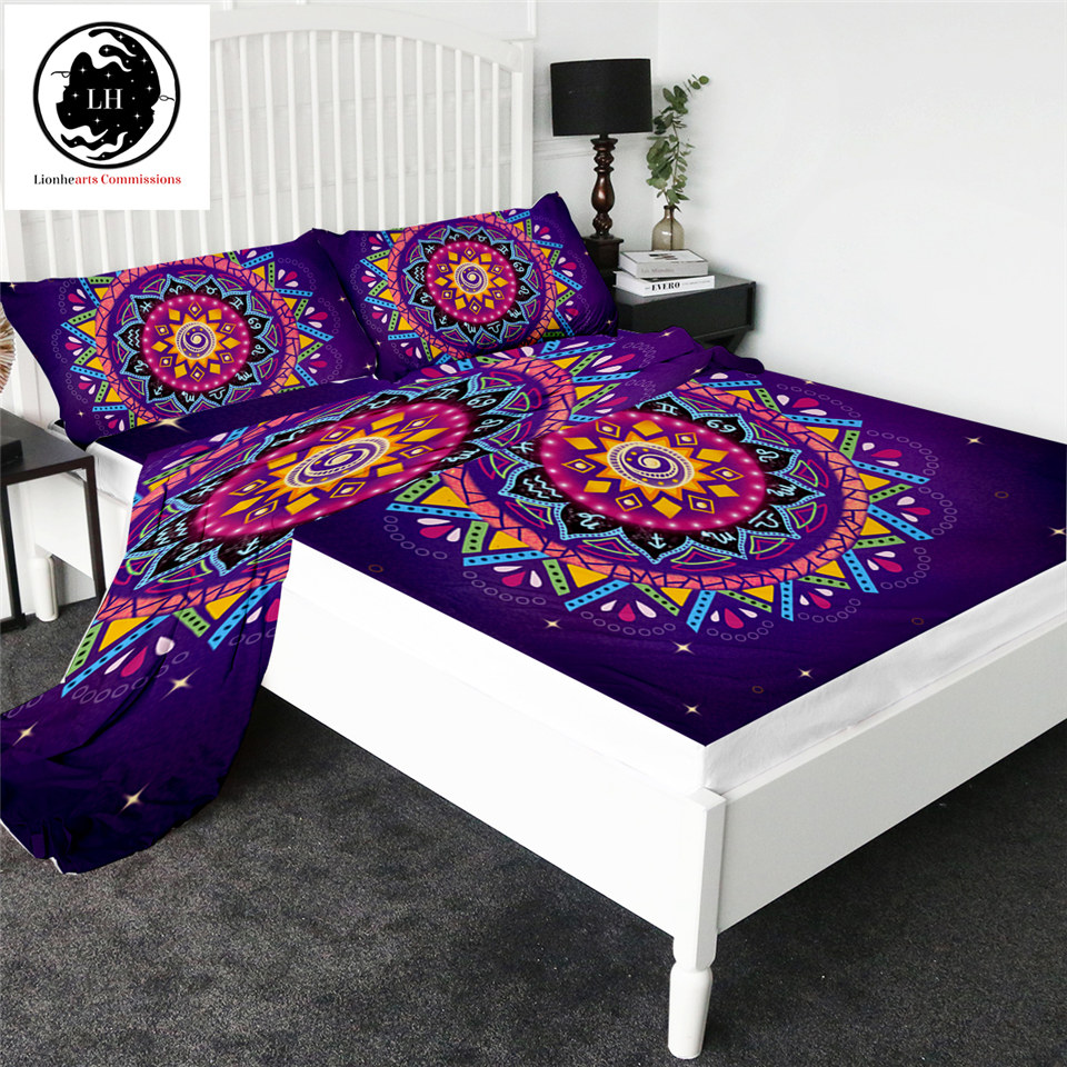 Zodiac Mandala by Lionhearts Fitted Sheet Queen Purple Bed Sheet Set Bohemian Flat Sheet 4-Piece Colorful Flower Mattress Cover