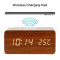 LED Wooden Alarm Clock With Wireless Charging Pad Compatible With For Iphone Samsung Wood Digital Clock Sound Control Function