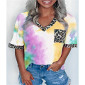 Women Casual Tie-Dye T Shirt Summer Leopard Patchwork V Neck Short Sleeve Tops T-Shirts Female Camisetas Verano Mujer 2020