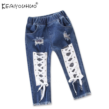 Baby Girls Jeans Blue Hole Jeans Pants For Girls Elastic Waist Kids Jeans With Leisure Fashion Novelty Children Clothes