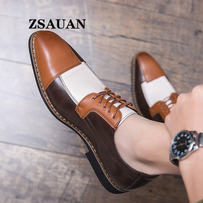 ZSAUAN Dropshipping Men Dress Shoes Big Size 38-48 Patchwork White Blue Brown Casual Formal Shoes Britsh Pointy Male Flats