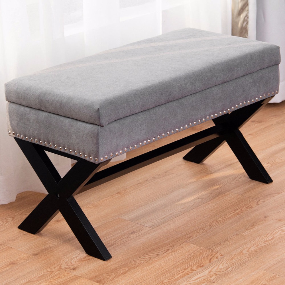 Giantex Storage Bench Ottoman Fabric X Solid Wood Legs Brass Bedroom Entryway Living Room Furniture HW57459