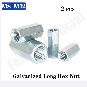 2Pcs M8 M10 M12 Rod Coupling Hex Nut steel Galvanized Long Hex Nut Connection Thread Nut HW231