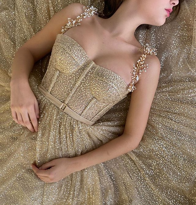 Spaghetti Straps Prom Dresses Tea Length Evening Dresses Gold Tulle Formal Party Dress