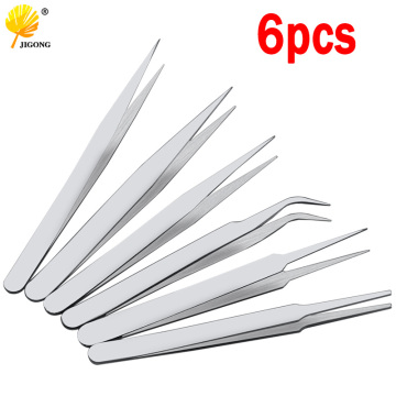 6pcs Precision Electronic Tweezers Pressing Type Stainless Steel Anti-static Soldering Assist Repair Picking Mounting Tools
