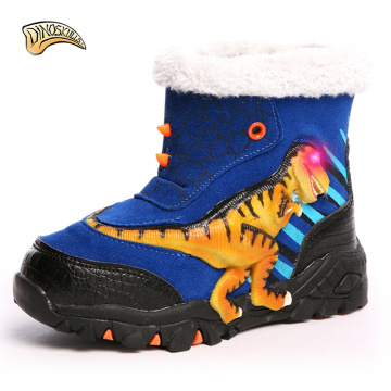 Dinoskulls kids warm boots lights for boys led boots luminous 2018 big dinosaur boots warm shoes for children snowshoes 27-34#