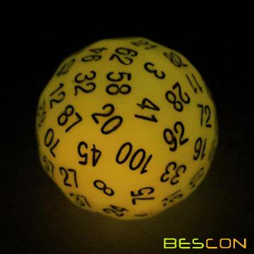 Bescon Glow in Dark Polyhedral 100 Sides Dice Glowing Yellow, Luminous D100 Dice, 100 Sided Cube, Glow-in-Dark D100 Game Dice