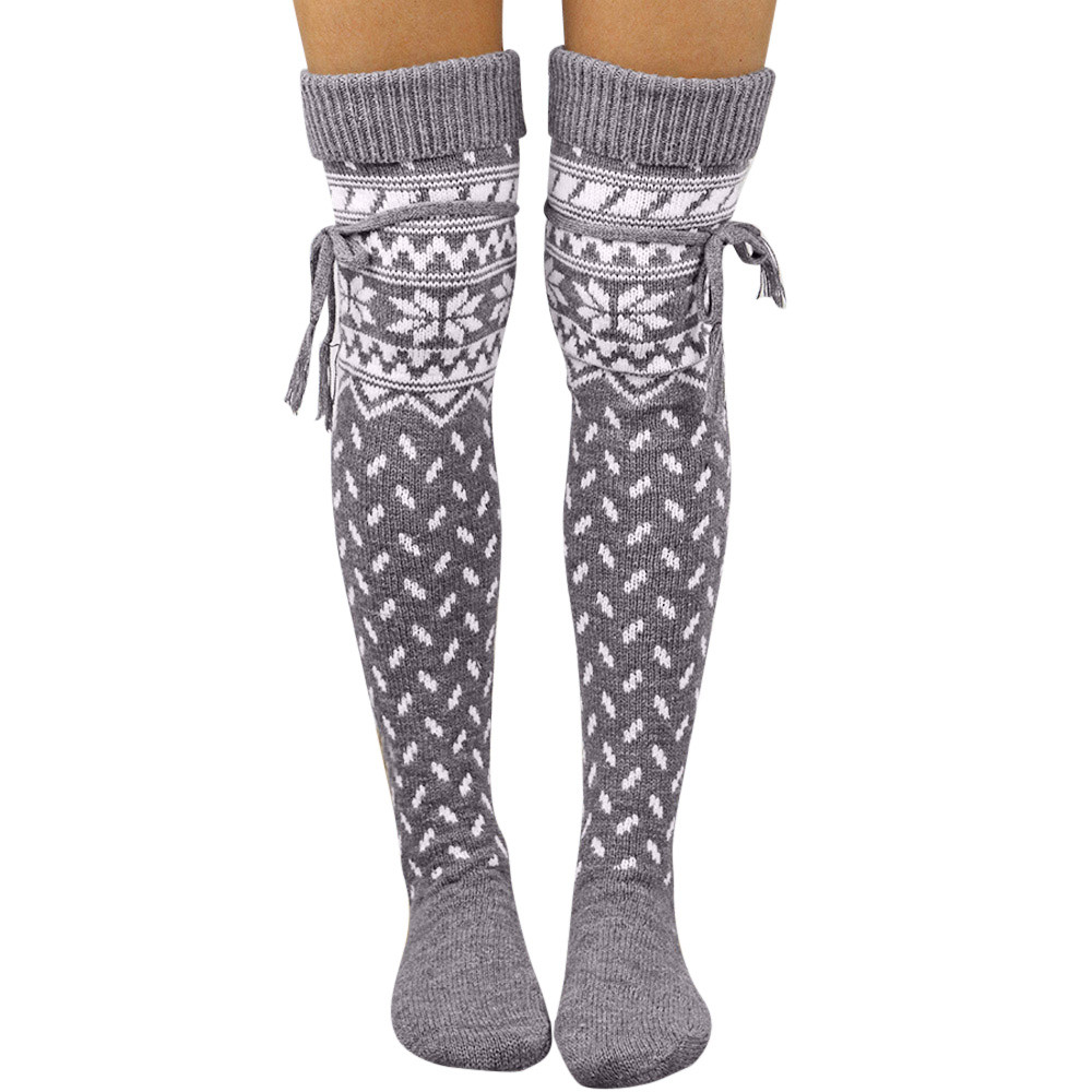 Knitted Snowflake Elk Strap Over Knit Wool Mid-Tights Women Christmas Warm Thigh High Long Stockings Knit Over Knee Socks Xmas