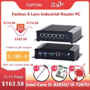 Topton Industrial Mini PC Intel Core i5 8265U i3 6157U 6 Lans Firewall Router Pfsense Server 2*RS232 4*USB3.0 HDMI 4G/3G AES-NI