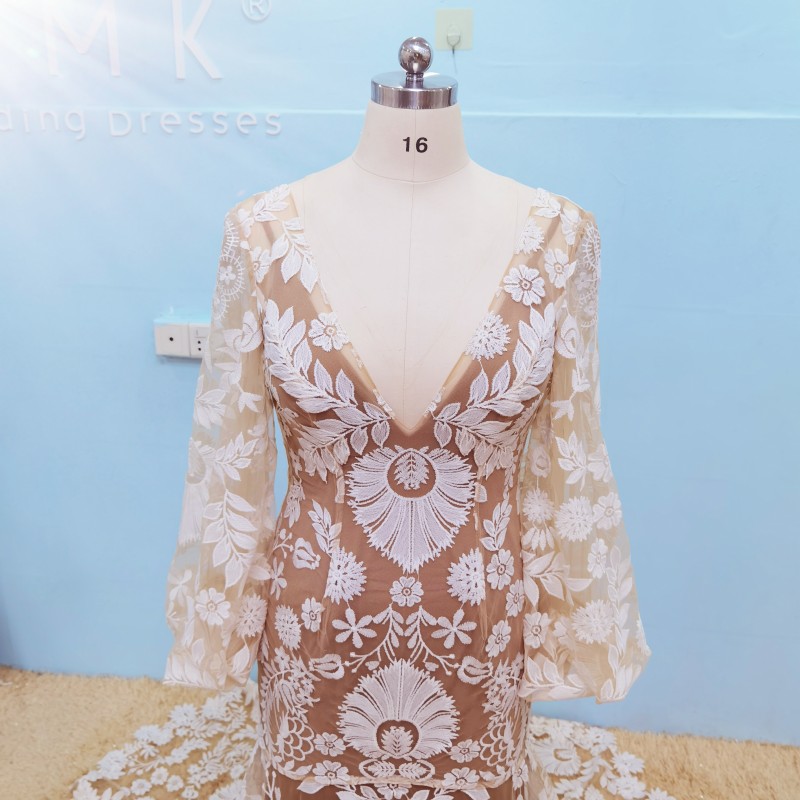 UMK Vestido de Noiva 2020 Vintage Boho Lace Wedding Dress Sexy Backless Long Lantern sleeve Beach Wedding Gowns