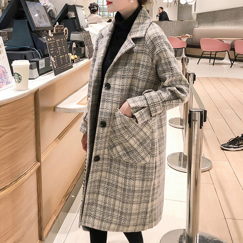 2020 Autumn Winter Women Warm Wool Coat Elegant Plaid Single Breasted Blends Outwear Female Big Pocket Loose Mid-long Coat