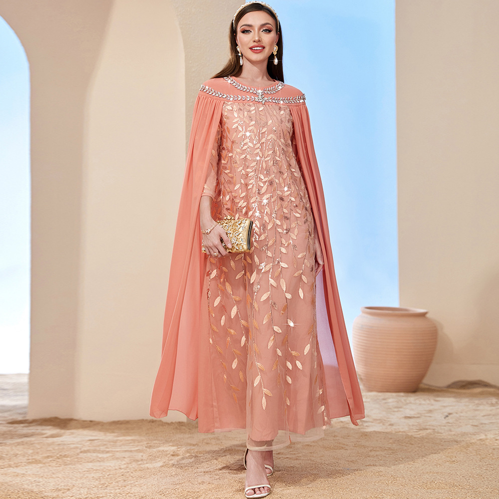 Luxury Rhinestone Cape Abaya Dress