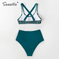 SEASELFIE Sexy Tank Top High Waisted Bikini Sets Swimwear Women Swimsuits Bathing Suit 2021 Dark Green Striped Bikinis Beachwear