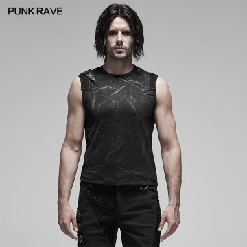 PUNK RAVE Men's Punk Lightning Sleeveless Vest Twill Printed Knit Personality Slim Fit Men Tank Tops Tees