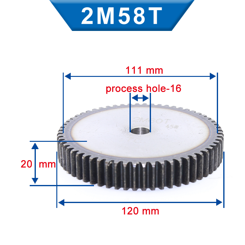 1 Piece spur Gear 2M57/58/59/60T Process Hole 16 mm motor gear Low Carbon Steel Material pinion gear Total Height 20 mm