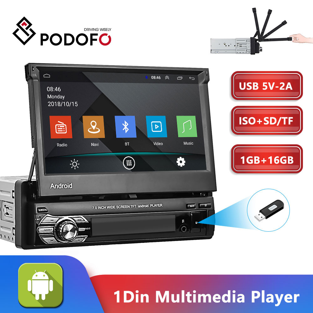 Podofo Android 1din Quad-Core Car GPS Navigation Player 7'' Universa Car Radio WiFi Bluetooth MP5 1DIN Multimedia Player NO DVD