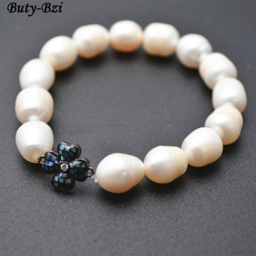 Natural Fresh Water Pearl Potato Beads Paved Abalone Shell Metal Clover Charm Stretch Bracelets High Quality Fashion Jewelry