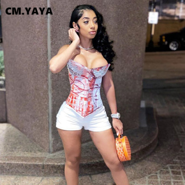 CM.YAYA Lace Up Backless Bodycon US Dollar Print Women Corset Camis Sexy Skinny Partywear Strapless Tank Top Club Crop Camisole