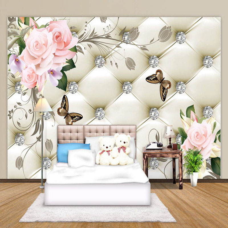 Custom 3D Mural Wallpaper European Style Rose Flower Pattern Diamonds Wall Painting Living Room TV Background Leather Wallpaper