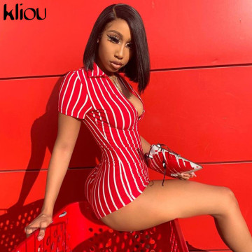 Kliou women sexy short playsuit red white striped short sleeve rompers 2019 new female elastic skinny sexy party bodysuits