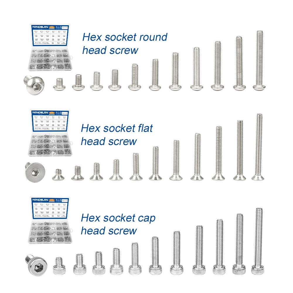 NINDEJIN 1322pcs/set Hexagon Socket Head Cap Screw and Nut Stainless Steel M2 M2.5 Hex Socket Countersunk Button Head Screw Set